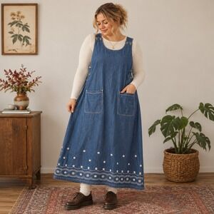Vintage Premier International Denim Jumper Dress 1X Embroidered Cottagecore Maxi